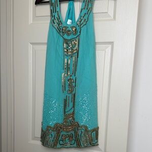 NWT Single Turquoise and Gold Backless Dress